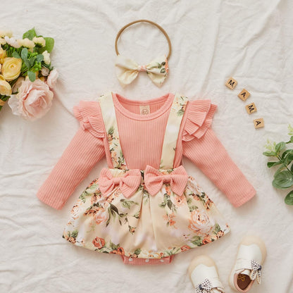 Newborn Infant Baby Girl Ruffle Long Sleeve Ribbed T-Shirt Top Floral Suspender Shorts Headband Winter Clothes